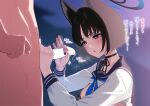  1boy 1girl animal_ears black_choker black_hair black_nails black_ribbon black_sailor_collar blue_archive blue_eyes blue_halo breasts cat_ears cat_girl censored choker clothed_female_nude_male clothes_lift fingernails halo handjob highres kikyou_(blue_archive) long_sleeves looking_at_penis medium_breasts nail_polish nude ogre_(illustogre) penis ribbon ribbon_choker sailor_collar school_uniform serafuku shirt shirt_lift short_hair solo_focus sweat translation_request upper_body white_shirt 