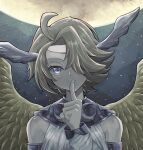  1girl ahoge bare_shoulders brown_hair detached_sleeves duel_monster feathered_wings finger_to_mouth hair_over_one_eye head_wings highres index_finger_raised moon parted_bangs protector_of_the_agents_-_moon purple_eyes short_hair solo tamatarou upper_body wings yu-gi-oh! 