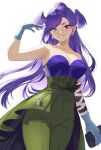  1girl alternate_costume blue_eyes blue_gloves breasts cleavage darkgreyclouds dragon_girl earrings gloves green_pants head_wings heterochromia high-waist_pants jewelry long_hair nijisanji nijisanji_en pants purple_eyes purple_hair purple_wings selen_tatsuki smile solo virtual_youtuber wings 