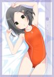  1girl artist_name ass_visible_through_thighs black_hair character_name chestnut_mouth competition_swimsuit cowboy_shot flat_chest forehead green_eyes hair_ornament hairclip highres inaba_shiki kantai_collection kuroshio_(kancolle) looking_at_viewer lying one-piece_swimsuit orange_one-piece_swimsuit parted_bangs short_hair solo swimsuit 