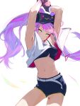  1girl absurdres armpits arms_up baseball_cap bibi_(tokoyami_towa) breasts cohi27151463 commentary_request green_eyes hair_ornament hairpin hat highres hololive long_hair looking_at_viewer midriff multicolored_hair navel purple_hair short_shorts shorts simple_background small_breasts solo streaked_hair sweat tokoyami_towa tokoyami_towa_(1st_costume) twintails virtual_youtuber white_background 