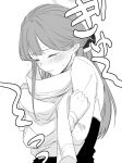  1girl aru_(blue_archive) blue_archive blush closed_eyes closed_mouth demon_horns ear_blush greyscale halo highres holding holding_clothes horns hugging_object inotukuhito long_hair long_sleeves monochrome shirt solo sweat translation_request upper_body 