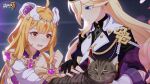  2girls :o ahoge animal arabian_clothes bare_shoulders bianka_durandal_ataegina bianka_durandal_ataegina_(valkyrie_gloria) black_gloves blonde_hair blue_eyes cat clenched_hand closed_mouth gloves highres holding_hands honkai_(series) honkai_impact_3rd jewelry logo long_hair looking_at_animal looking_at_another multiple_girls official_alternate_costume official_art official_wallpaper orange_eyes orange_hair petting ring smile susannah_(honkai_impact) susannah_(valkyrie_quicksand) upper_body very_long_hair 