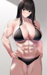  1girl abs alternate_muscle_size amogan bikini black_bikini blunt_bangs breasts brown_eyes brown_hair cowboy_shot girls_und_panzer hands_on_hips highres hime_cut huge_breasts looking_at_viewer mature_female muscular muscular_female nishizumi_shiho solo swimsuit tsurime 