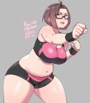  1girl agawa_ryou ahoge belly bike_shorts breasts clenched_hands cowboy_shot dated english_commentary exercise glasses headband large_breasts midriff navel open_mouth original plump short_hair shorts signature simple_background solo sports_bra sportswear sweat wristband 