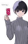  1girl black_hair cait_aron closed_mouth commentary english_commentary grey_sweater hand_up highres holding long_sleeves looking_at_viewer no_nut_november original purple_eyes short_hair simple_background solo sweater turtleneck turtleneck_sweater uno_(game) uno_reverse_card upper_body white_background 