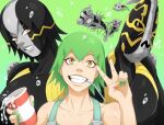  1other 2girls bare_shoulders cup drinking_straw foo_fighters foo_fighters_(stand) green_background green_hair green_nails grin highres jojo_no_kimyou_na_bouken kristallion mouth_hold multiple_girls multiple_persona overalls plankton short_hair shrimp smile spill stand_(jojo) stone_ocean v water water_drop yellow_eyes 