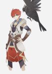  1boy adol_christin ahoge animal bird black_tea_63 brown_eyes crow detached_sleeves double-parted_bangs hair_between_eyes hand_on_own_hip highres jewelry looking_at_viewer necklace red_hair shorts simple_background smile solo white_background ys ys_x_nordics 