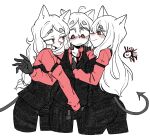  3girls absurdres animal_ears belt black_belt black_gloves black_pants black_vest cerberus_(helltaker) demon demon_girl demon_tail dog_ears gloves helltaker highres hiivenn masturbation masturbation_through_clothes multiple_girls pants red_eyes red_shirt selfcest shirt tail triplets vest white_background white_hair 