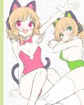 1girl 2girls alternate_costume animal_ear_headphones animal_ears blonde_hair blue_archive blush bow bowtie breasts cat_ear_headphones closed_mouth detached_collar fake_animal_ears green_eyes green_leotard headphones leotard looking_at_viewer midori_(blue_archive) momoi_(blue_archive) multiple_girls nidaime_(doronbo) open_mouth pink_bow pink_bowtie pink_eyes pink_leotard simple_background small_breasts tail thighhighs white_thighhighs wrist_cuffs 