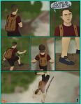  absurd_res backpack clothed clothing comic digital_media_(artwork) english_text falling forest hair hi_res hiking human male mammal outside plant river rosycoyote solo text tree water 
