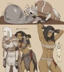  1boy 1girl abs alternate_hairstyle arizuka_(catacombe) armor armpits arms_up black_hair brown_eyes chest_sarashi dark-skinned_female dark_skin elden_ring fundoshi fur-trimmed_skirt fur_trim gideon_ofnir grey_hair head_scarf headband helmet highres japanese_clothes matching_hairstyle muscular muscular_female nepheli_loux sarashi skirt toned translated twintails 