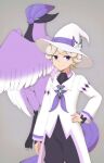  1boy absurdres bede_(champion)_(pokemon) bede_(pokemon) bird blonde_hair closed_mouth coat commentary_request curly_hair galarian_articuno grey_background hand_on_own_hip hat hat_ribbon highres koroni_(nkrgs) long_sleeves male_focus official_alternate_costume pokemon pokemon_(creature) pokemon_(game) pokemon_masters_ex purple_eyes purple_ribbon ribbon short_hair smile white_coat white_headwear wizard_hat 