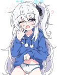  1girl absurdres blue_archive blue_halo blue_hoodie blush braid collarbone cowboy_shot grey_hair halo highres hood hoodie long_hair long_sleeves looking_at_viewer mangyu0111 miyako_(blue_archive) navel one_eye_closed one_side_up open_mouth panties polka_dot polka_dot_panties purple_eyes simple_background solo underwear white_background white_panties yawning 