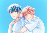  2boys bepo_hachio blue_background blue_eyes blue_hair closed_mouth given highres hug hug_from_behind looking_at_viewer male_focus multiple_boys red_eyes red_hair satou_mafuyu shirt short_sleeves smile twitter_username uenoyama_ritsuka upper_body white_shirt yaoi 