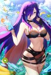  1girl absurdres bare_shoulders bikini black_bikini black_choker blue_sky breasts choker cleavage commission day fire_emblem fire_emblem:_three_houses fire_emblem_heroes fire_emblem_warriors:_three_hopes flower gao_kawa hair_bun hair_flower hair_ornament hair_over_one_eye highres large_breasts long_hair looking_at_viewer navel ocean official_alternate_costume outdoors purple_eyes purple_hair second-party_source shez_(female)_(fire_emblem) shez_(female)_(summer)_(fire_emblem) shez_(fire_emblem) sky smile solo stomach swimsuit water wet white_flower 