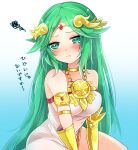  1girl :i armlet bracer breasts closed_mouth commentary crying crying_with_eyes_open dress forehead_jewel fukurahagi_uomaru furrowed_brow glint gradient_background green_eyes green_hair hair_flaps half-closed_eyes head_wreath kid_icarus kid_icarus_uprising large_breasts light_blue_background long_hair looking_at_viewer palutena parted_bangs pout solo squiggle tears very_long_hair white_dress 