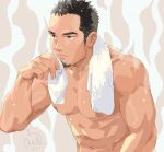  1boy abs bara facial_hair gentle2nd goatee long_sideburns looking_ahead male_focus mature_male muscular muscular_male nipples nude original receding_hairline short_hair sideburns sideburns_stubble solo steaming_body thick_eyebrows towel towel_around_neck 