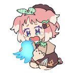  1girl animal bird brown_dress brown_footwear brown_jacket chibi commentary_request crying crying_with_eyes_open dress full_body green_eyes green_hairband hair_ornament hairband hairclip holding holding_animal jacket long_sleeves looking_at_animal open_mouth original pink_hair sad seiza short_hair simple_background sitting solo tears twitter twitter_bird twitter_logo white_background yooki_(winter_cakes) yookiko 