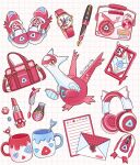  animal_print bag cellphone commentary_request cup gem grid_background handbag headphones latias lipstick makeup mochopaccho mouse_(computer) pen phone pokemon postcard radio red_footwear shoelaces shoes simple_background sneakers stuffed_toy twitter_username watch white_background wristwatch 