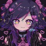  1girl :3 alternate_costume black_background black_choker black_dress black_hair blush blush_stickers bow brown_eyes center_frills choker dokumi dress frills gothic_lolita hair_bow heart heart_choker highres league_of_legends lolita_fashion long_hair neeko_(league_of_legends) pink_bow pink_eyes pink_hair portrait purple_hair simple_background smile solo two_side_up 