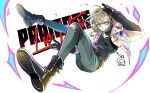  1boy 302 absurdres ahoge alternate_costume ass belt black_belt black_footwear black_gloves black_shirt boots character_name copyright_name denim fire floating gloves green_hair highres jacket jeans lio_fotia long_sleeves looking_at_viewer male_focus otoko_no_ko pants pink_fire promare purple_eyes shirt short_hair sidelocks signature simple_background smile solo torn_clothes torn_jeans torn_pants white_background white_jacket 