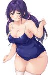 1girl blue_one-piece_swimsuit blush breasts cleavage clenched_hand collarbone commentary_request curvy green_eyes happy highleg highleg_swimsuit highres holding holding_hair looking_to_the_side love_live! love_live!_school_idol_project medium_breasts one-piece_swimsuit pink_scrunchie plump purple_hair school_swimsuit scrunchie shinonon_(iso_shino) solo swimsuit thick_thighs thighhighs thighs toujou_nozomi twintails white_thighhighs 