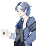  1boy blue_coat blue_hair blue_nails chesed_(project_moon) coat collared_shirt grey_vest hand_up highres lobotomy_corporation long_sleeves male_focus medium_hair msx_(mis4xi) open_mouth parted_bangs project_moon shirt simple_background smile solo vest white_background 