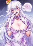  1girl blush boo_(mario) breasts cleavage colored_tongue dress frilled_dress frills ghost gloves jewelry long_hair mario_(series) mina_cream new_super_mario_bros._u_deluxe princess_king_boo purple_dress purple_eyes purple_tongue sharp_teeth super_crown teeth tongue tongue_out white_gloves white_hair 