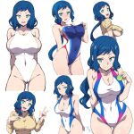  1girl aqua_eyes ass_visible_through_thighs batta_16-sei blue_eyes blush breasts cleavage competition_swimsuit covered_navel cropped_legs gundam gundam_build_fighters haro highres iori_rinko large_breasts looking_at_viewer low_ponytail multiple_views one-piece_swimsuit open_mouth ribbed_sweater simple_background smile sweater swimsuit turtleneck turtleneck_sweater underboob v white_background 