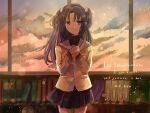  1girl blue_skirt bookshelf clannad cloud cloudy_sky english_text hair_bobbles hair_ornament highres hikarizaka_private_high_school_uniform ichinose_kotomi key_(company) library long_hair long_sleeves purple_eyes purple_hair ra school_uniform skirt sky solo turtleneck two_side_up window 