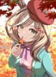  1girl animal_ears autumn autumn_leaves blurry blurry_foreground blush breasts brown_eyes brown_hair casual closed_mouth commentary_request ears_through_headwear filkia hair_ornament hairclip hat highres horse_ears jacket leaf looking_at_viewer maple_leaf matikane_tannhauser_(umamusume) medium_breasts medium_hair smile solo umamusume 