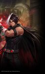  1boy bare_shoulders black_hair cape closed_mouth dark_skin fire flame gloves highres looking_at_viewer male_focus metal_gloves multicolored_hair muscular muscular_male nameless_(kof) official_art pyrokinesis red_eyes red_fire scar scar_across_eye scar_on_cheek scar_on_face snk solo split-color_hair the_king_of_fighters the_king_of_fighters_2002 the_king_of_fighters_all-stars torn_cape torn_clothes two-tone_hair white_hair 