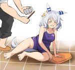  1boy 1girl animal_ears barefoot black_pants blue_one-piece_swimsuit blush can closed_eyes competition_school_swimsuit ear_covers facing_viewer grey_hair highres hishi_miracle_(umamusume) holding holding_can holding_stick horse_ears horse_girl medium_hair one-piece_swimsuit pants school_swimsuit solo_focus stick swimsuit tail tail_through_clothes tenten_(chan4545) tracen_swimsuit trainer_(umamusume) umamusume 