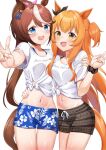  2girls :d animal_ears blue_eyes blue_shorts blush bow breasts brown_hair brown_shorts collarbone commentary_request cowboy_shot dusu_(htkj) ear_ribbon gaze_on_me!_outfit_(umamusume) groin hair_between_eyes hair_bow hand_on_another&#039;s_waist high_ponytail highres horse_ears horse_girl horse_tail long_hair looking_at_viewer male_swimwear mayano_top_gun_(umamusume) midriff multicolored_hair multiple_girls navel official_alternate_costume open_mouth orange_eyes orange_hair pink_bow ponytail ribbon scrunchie shirt short_shorts short_sleeves shorts sidelocks simple_background small_breasts smile standing streaked_hair swim_trunks t-shirt tail tied_shirt tokai_teio_(umamusume) two-tone_hair two_side_up umamusume v white_background white_hair white_shirt wrist_scrunchie 