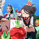  1boy 3girls apple applin arven_(pokemon) black_hair black_vest blue_hair brown_hair candy_apple closed_eyes dark-skinned_female dark_skin dipplin eating food freckles fruit glasses green_hair haruhashi highres juliana_(pokemon) light_brown_hair long_hair multicolored_hair multiple_girls necktie nemona_(pokemon) official_alternate_hairstyle ogerpon on_head penny_(pokemon) pokemon pokemon_(creature) pokemon_(game) pokemon_on_head pokemon_sv ponytail purple_necktie red_hair round_eyewear school_uniform shirt short_hair side_ponytail star_(symbol) streaked_hair symbol-shaped_pupils two-tone_hair uva_academy_school_uniform vest yellow_eyes 