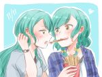  2girls aqua_hair bang_dream! blue_background blue_shirt blush braid commentary_request food french_fries green_eyes grey_shirt heart highres hikawa_hina hikawa_sayo holding holding_food imminent_kiss incest long_hair looking_at_another medium_hair multiple_girls open_mouth plaid plaid_shirt pocky pocky_day pocky_kiss shared_food shirt siblings signature sisters twin_braids twincest twins watch white_shirt xin_(blueramen) yuri 