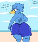  anthro avian beach berdly big_butt bird blue_body blue_feathers blush bottomwear butt clothing deltarune dialogue eyewear feathers glasses hi_res male nerd one_eye_closed roccorox seaside shorts solo solo_focus swimming_trunks swimwear thick_thighs undertale_(series) wide_hips wink 