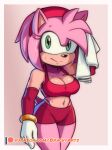  2022 amy_rose anthro bike_shorts bodily_fluids bottomwear bra brachyzoid breasts cleavage clothed clothing eulipotyphlan female gloves green_eyes hair handwear hedgehog looking_at_viewer mammal navel pink_body pink_hair sega shorts simple_background solo sonic_the_hedgehog_(series) sports_bra sweat tail text tight_bottomwear tight_clothing tight_shorts towel underwear url 