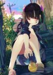  1girl :| bare_legs bare_legs_girl_(kamizaki_hibana) black_hair blush closed_mouth dot_nose dutch_angle expressionless feet fence grass hair_ornament hair_scrunchie hand_fan hand_on_own_cheek hand_on_own_face head_rest japanese_clothes kamizaki_hibana kimono knees_together_feet_apart lantern leaning_to_the_side long_sleeves looking_down no_pants original paper_fan paper_lantern plant power_lines purple_eyes purple_kimono purple_scrunchie reaching sandals scrunchie shoe_soles short_hair short_twintails sitting sitting_on_stairs solo stairs thighs toes twintails uchiwa utility_pole wide_sleeves yukata 