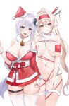  2girls :q absurdres animal_ears bell bikini breasts brown_eyes christmas elf fishnet_thighhighs fishnets fox_ears fox_girl fox_tail grey_eyes grey_hair hair_ornament hat highres jewelry large_breasts light_brown_hair multiple_girls nakamura_nagare navel original pendant pointy_ears santa_bikini santa_costume santa_hat single_thighhigh star_(symbol) swimsuit tail thighhighs tongue tongue_out white_thighhighs yin_yang 
