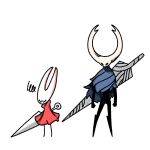  1girl 1other aged_up annoyed arms_at_sides arthropod_girl averting_eyes black_eyes black_skin blank_eyes blue_cloak clenched_hands cloak closed_eyes colored_skin commentary full_body furrowed_brow height_conscious height_difference hollow_knight hornet_(hollow_knight) knight_(hollow_knight) looking_at_another nail_(hollow_knight) needle_(hollow_knight) red_cloak sakana_2-gou simple_background squiggle standing weapon weapon_on_back white_background 