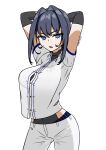  1girl absurdres arms_behind_head arms_up artist_name baseball_uniform blue_eyes blue_hair highres hololive hololive_english open_mouth ouro_kronii solo sportswear sweat yeetrbium 
