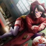  1girl ball black_hair book chain_paradox copyright_name dutch_angle hair_ornament hairpin hanging_scroll indoors japanese_clothes kimono long_hair lying official_art on_stomach purple_eyes red_kimono scroll sheath sheathed shouu sword tatami thighhighs tray wallet weapon white_thighhighs window 