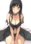  1girl amagami bare_shoulders black_hair black_panties blue_eyes blush choker commentary_request drill_hair highres lingerie long_hair morishima_haruka navel panties serizawa_(serizawaroom) sitting smile solo underwear 