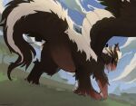  akima1232 ambiguous_gender avian blue_sky featureless_butt feral grass_field gryphon hi_res looking_at_viewer looking_back looking_back_at_viewer mammal mephitid mythological_avian mythology open_mouth raised_tail skunk sky solo_focus tail 