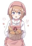  1girl :d absurdres apron baguette basket blush bread brown_hair colon_br cowboy_shot food gochuumon_wa_usagi_desu_ka? hair_between_eyes hair_ornament hairclip highres holding holding_basket hoto_cocoa long_sleeves looking_at_viewer neck_ribbon open_mouth pink_apron potato purple_eyes raised_eyebrows red_headwear red_ribbon ribbon sailor_collar shirt short_hair sidelocks simple_background smile solo straight-on white_background white_sailor_collar white_shirt wicker_basket 