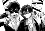  2boys cigarette collared_shirt cross facial_hair glasses hand_up highres jacket male_focus middle_finger mizuki7810 monochrome mouth_hold multiple_boys nicholas_d._wolfwood open_mouth partially_unbuttoned shirt short_hair sunglasses trigun trigun_stampede upper_body v-shaped_eyebrows 