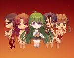  5girls ahoge amputee arrow_(projectile) bird black_hair blood blood_on_chest blood_on_face blood_on_leg braid breasts brown_hair chibi collared_shirt completely_nude cracked_skin crow doll_joints double_amputee entrails fang flat_chest full_body glasses gradient_background green_eyes green_hair guro hair_ribbon hand_on_own_chest highres holding holding_jar jar joints long_hair looking_at_viewer may_(2747513627) medium_breasts meguro_miyuki multiple_girls neck_ribbon nude open_mouth orange_background organs pink_eyes pink_hair pleated_skirt purple_eyes purple_hair red_ribbon ribbon sayonara_wo_oshiete school_uniform shirt short_hair side_braids skirt smile sugamo_mutsuki takada_nozomi tamachi_mahiru twintails ueno_koyori very_long_hair white_shirt 