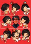  1boy 1girl apple apple_on_head black_hair blush bukimi_isan closed_eyes commentary_request cropped_shoulders cup daruma_doll drinking_glass food fruit full-face_blush glasses highres holding holding_cup kurokami_no_otome looking_at_another multiple_views open_mouth profile red_background senpai_(yoru_wa_mijikashi_arukeyo_otome) short_hair star-shaped_pupils star_(symbol) string_phone symbol-shaped_pupils whispering whispering_in_ear yoru_wa_mijikashi_arukeyo_otome 